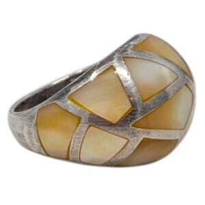925 Sterling Silver & Mother of Pearl Mosaic Dome Ring – Size 8.5, 11.48g